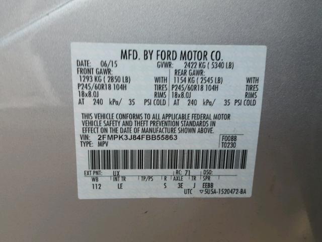 2FMPK3J84FBB55863 - 2015 FORD EDGE SEL SILVER photo 10