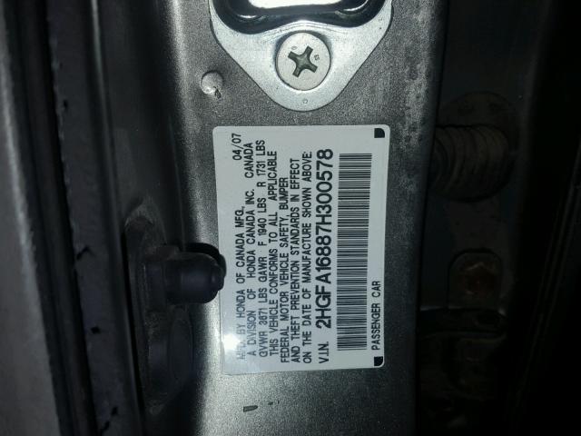 2HGFA16887H300578 - 2007 HONDA CIVIC EX GRAY photo 10