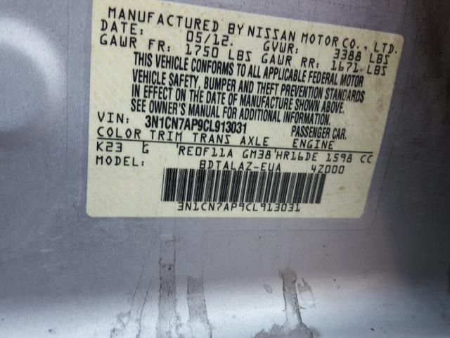 3N1CN7AP9CL913031 - 2012 NISSAN VERSA S SILVER photo 10