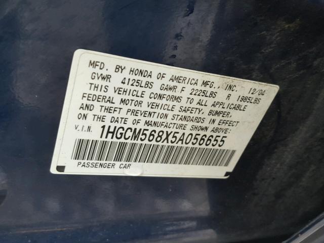 1HGCM568X5A056655 - 2005 HONDA ACCORD EX BLUE photo 10