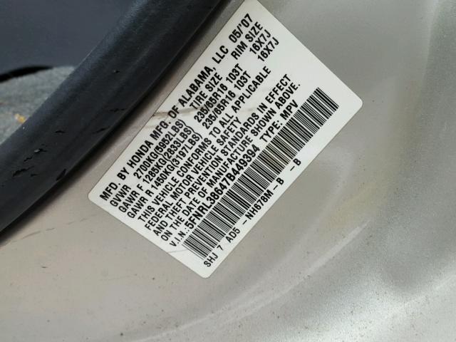 5FNRL38647B449394 - 2007 HONDA ODYSSEY EX SILVER photo 10