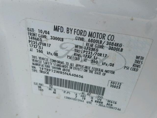 1FTRF12W85NA40656 - 2005 FORD F150 WHITE photo 10