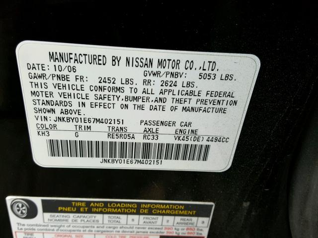 JNKBY01E67M402151 - 2007 INFINITI M45 BASE BLACK photo 10