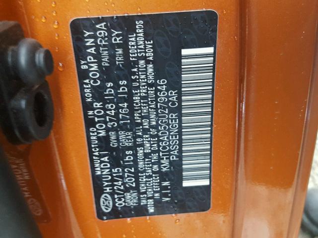 KMHTC6AD5GU279646 - 2016 HYUNDAI VELOSTER B ORANGE photo 10