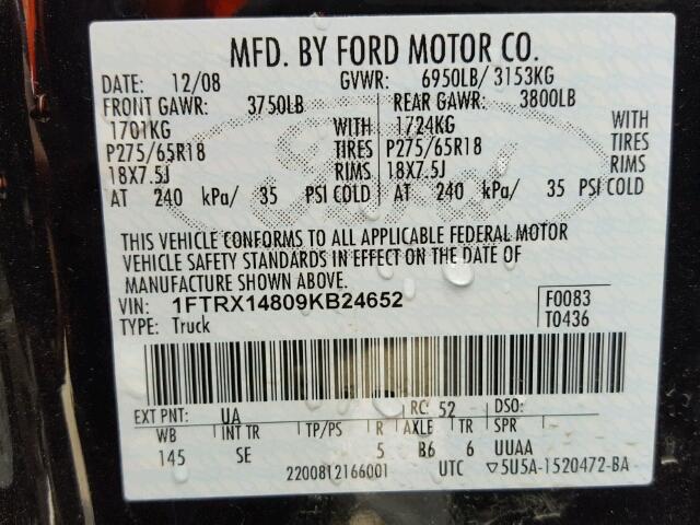 1FTRX14809KB24652 - 2009 FORD F150 SUPER BLACK photo 10