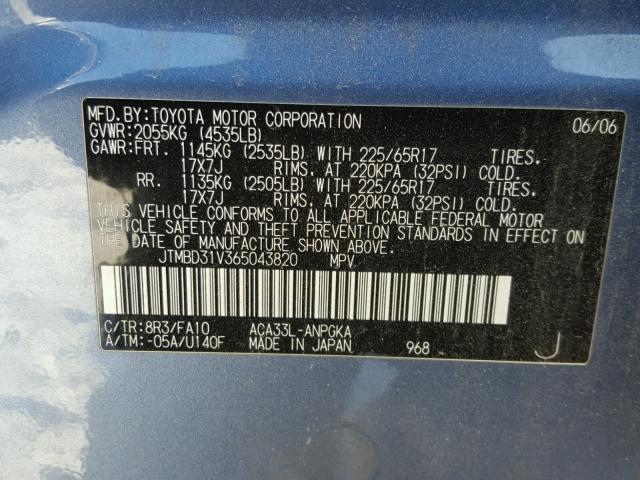 JTMBD31V365043820 - 2006 TOYOTA RAV4 LIMIT BLUE photo 10