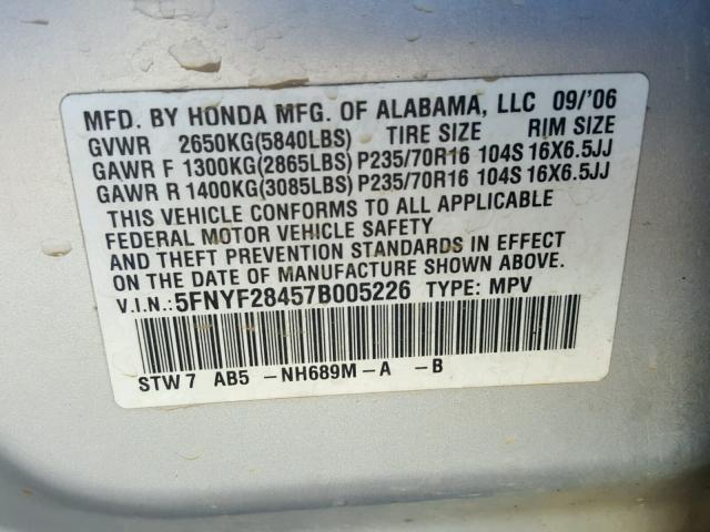 5FNYF28457B005226 - 2007 HONDA PILOT EX SILVER photo 10