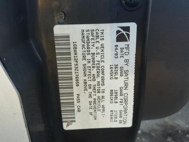 1G8AN12F53Z176050 - 2003 SATURN ION LEVEL SILVER photo 10