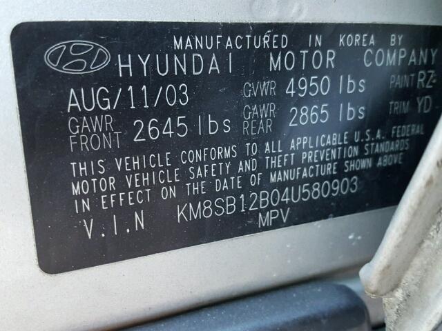 KM8SB12B04U580903 - 2004 HYUNDAI SANTA FE G SILVER photo 10