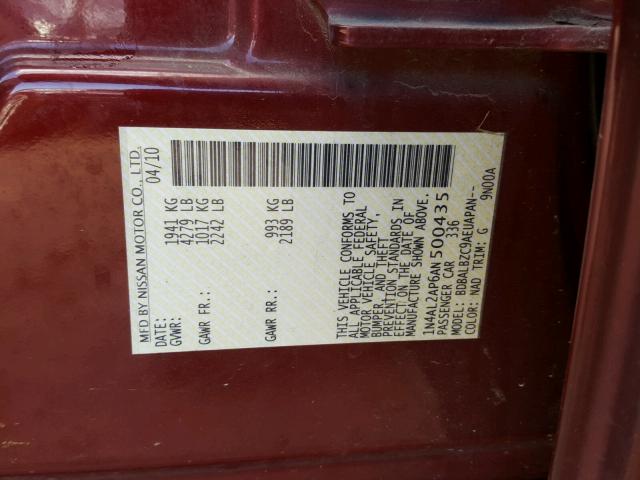 1N4AL2AP6AN500435 - 2010 NISSAN ALTIMA BAS BURGUNDY photo 10