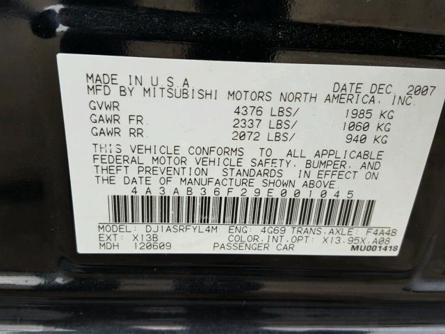 4A3AB36F29E001045 - 2009 MITSUBISHI GALANT ES BLACK photo 10