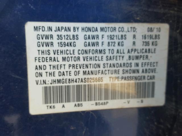 JHMGE8H47AS025665 - 2010 HONDA FIT SPORT BLUE photo 10