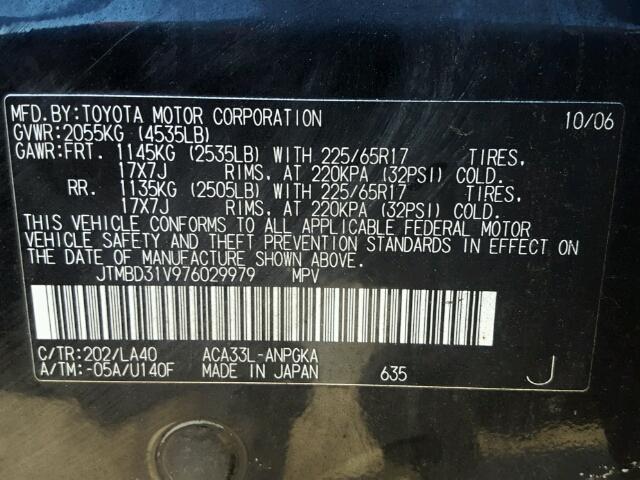 JTMBD31V976029979 - 2007 TOYOTA RAV4 LIMIT BLACK photo 10