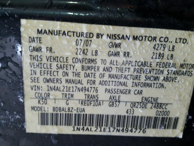 1N4AL21E17N494776 - 2007 NISSAN ALTIMA 2.5 GRAY photo 10