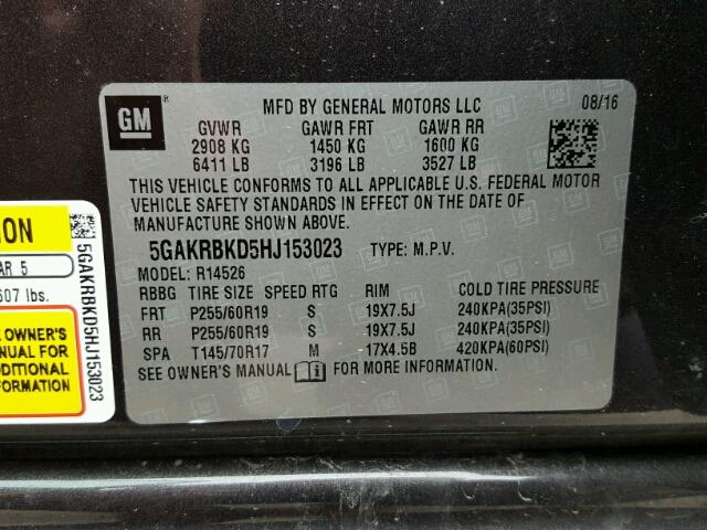 5GAKRBKD5HJ153023 - 2017 BUICK ENCLAVE CHARCOAL photo 10