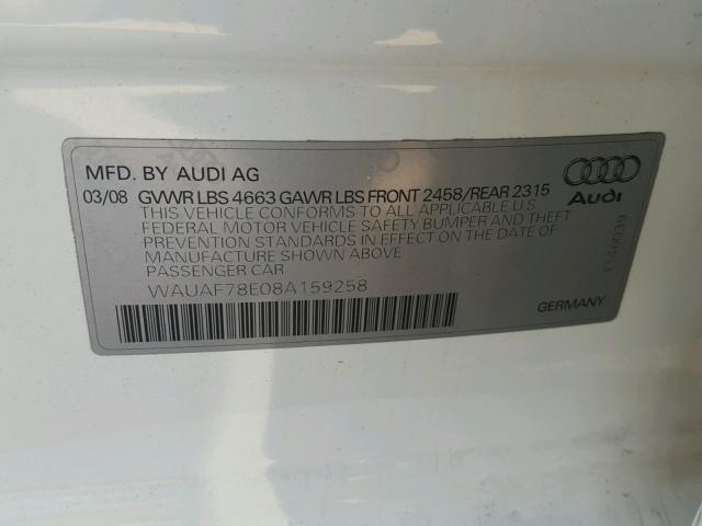 WAUAF78E08A159258 - 2008 AUDI A4 2.0T WHITE photo 10