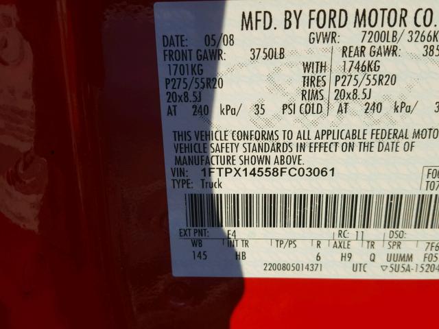 1FTPX14558FC03061 - 2008 FORD F150 RED photo 10