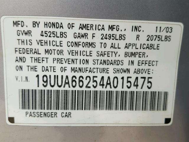 19UUA66254A015475 - 2004 ACURA TL SILVER photo 10