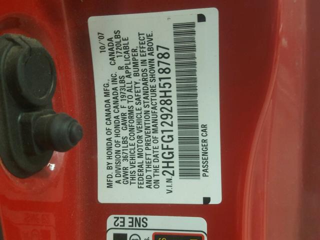 2HGFG12928H518787 - 2008 HONDA CIVIC EXL RED photo 10