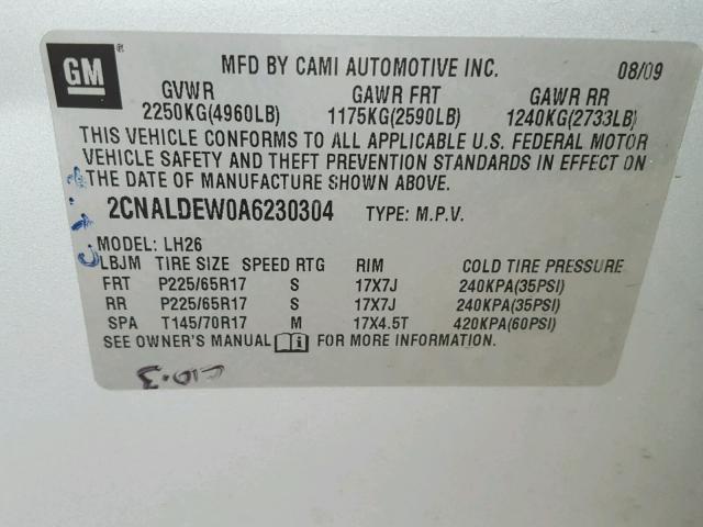 2CNALDEW0A6230304 - 2010 CHEVROLET EQUINOX LT SILVER photo 10