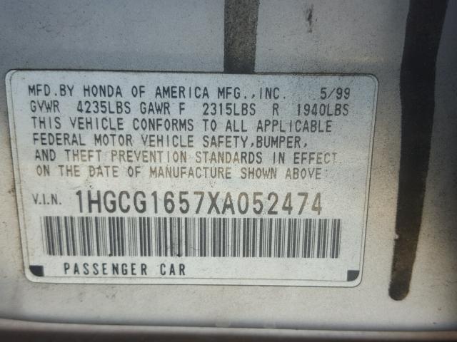 1HGCG1657XA052474 - 1999 HONDA ACCORD EX SILVER photo 10