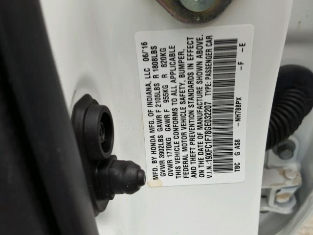 19XFC1F78GE032207 - 2016 HONDA CIVIC EXL WHITE photo 10