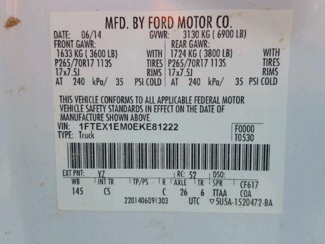 1FTEX1EM0EKE81222 - 2014 FORD F150 SUPER WHITE photo 10