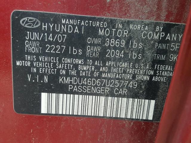 KMHDU46D67U257749 - 2007 HYUNDAI ELANTRA GL RED photo 10