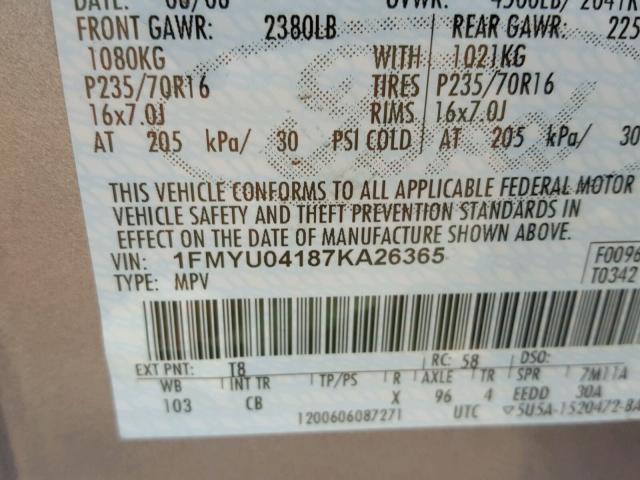 1FMYU04187KA26365 - 2007 FORD ESCAPE LIM GRAY photo 10