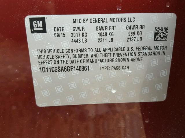 1G11C5SA6GF140861 - 2016 CHEVROLET MALIBU LIM MAROON photo 10