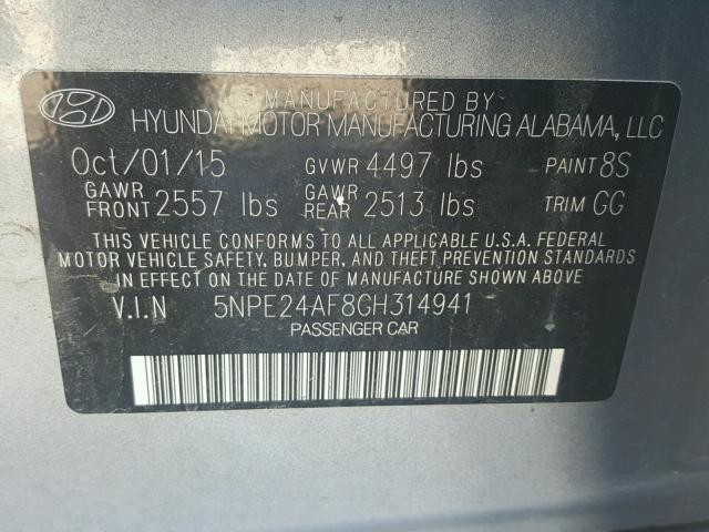 5NPE24AF8GH314941 - 2016 HYUNDAI SONATA SE SILVER photo 10