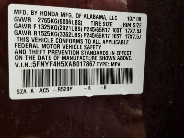 5FNYF4H5XAB017867 - 2010 HONDA PILOT EXL BURGUNDY photo 10