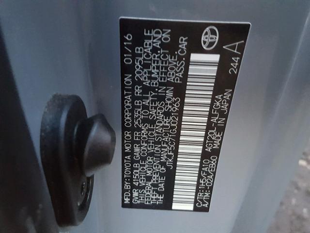 JTKJF5C71GJ021963 - 2016 TOYOTA SCION TC 灰色 照片 10