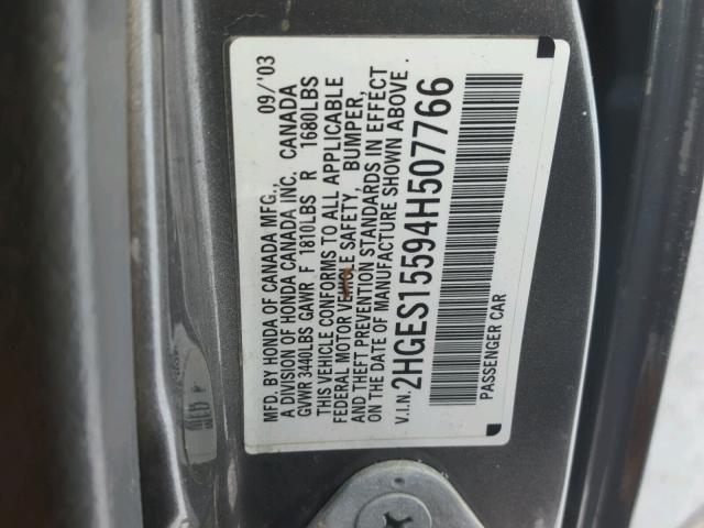 2HGES15594H507766 - 2004 HONDA CIVIC LX GRAY photo 10