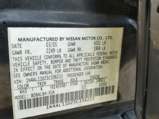 1N4AL11D25C336215 - 2005 NISSAN ALTIMA S BLACK photo 10