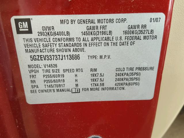 5GZEV33737J113686 - 2007 SATURN OUTLOOK SP წითელი ფოტო 10
