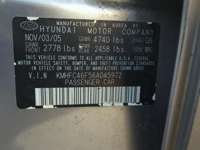 KMHFC46F56A045972 - 2006 HYUNDAI AZERA SE GRAY photo 10