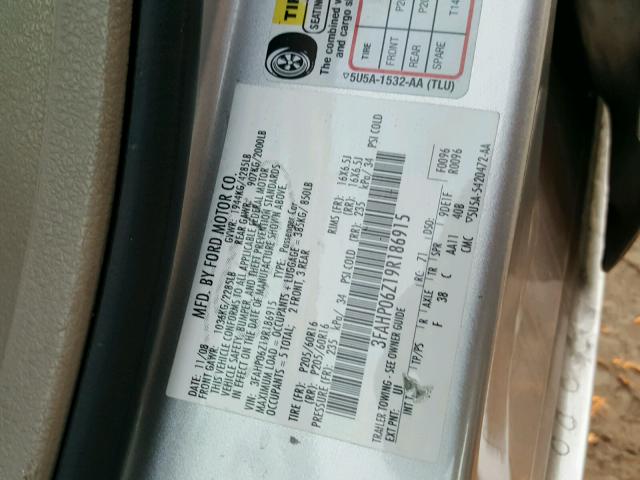 3FAHP06Z19R186915 - 2009 FORD FUSION S SILVER photo 10