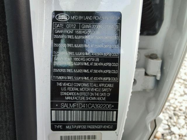 SALMF1D41CA392206 - 2012 LAND ROVER RANGE ROVE WHITE photo 10