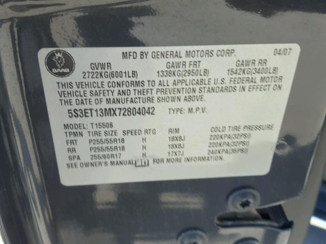 5S3ET13MX72804042 - 2007 SAAB 9-7X 5.3I GRAY photo 10