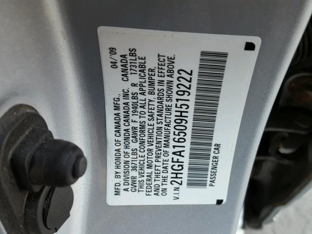 2HGFA16509H519222 - 2009 HONDA CIVIC LX SILVER photo 10