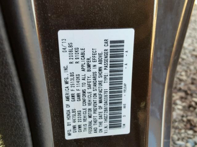 1HGCT2B81DA008791 - 2013 HONDA ACCORD EXL BROWN photo 10