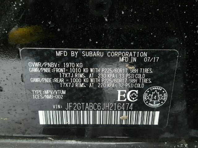 JF2GTABC6JH216474 - 2018 SUBARU CROSSTREK BLACK photo 10