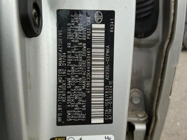 4T1BE32K44U850461 - 2004 TOYOTA CAMRY LE SILVER photo 10