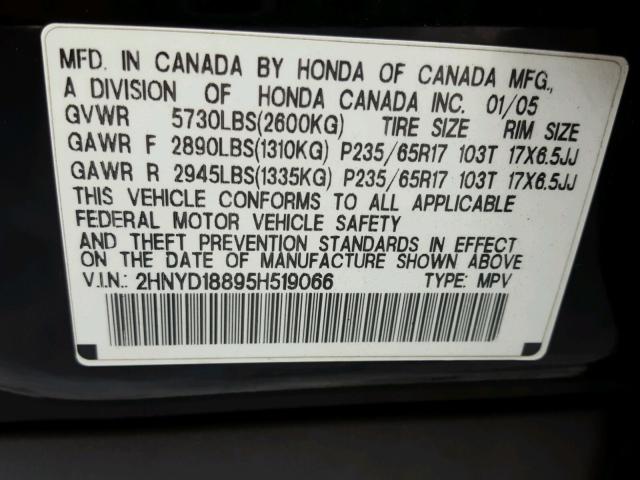 2HNYD18895H519066 - 2005 ACURA MDX TOURIN BLACK photo 10