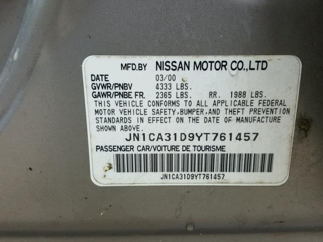 JN1CA31D9YT761457 - 2000 NISSAN MAXIMA GLE GRAY photo 10