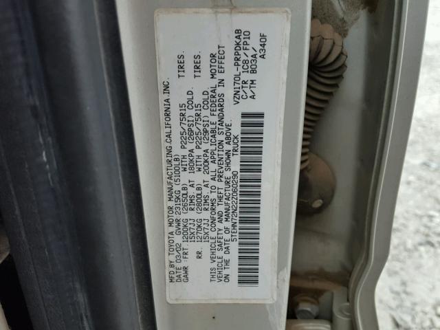 5TEHN72N22Z060290 - 2002 TOYOTA TACOMA DOU SILVER photo 10