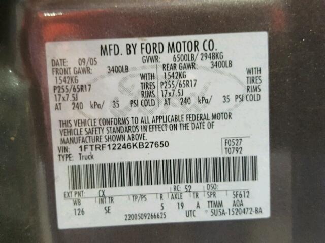 1FTRF12246KB27650 - 2006 FORD F150 GRAY photo 10