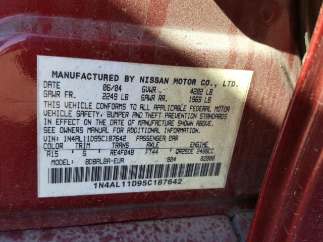 1N4AL11D95C187642 - 2005 NISSAN ALTIMA S BURGUNDY photo 10