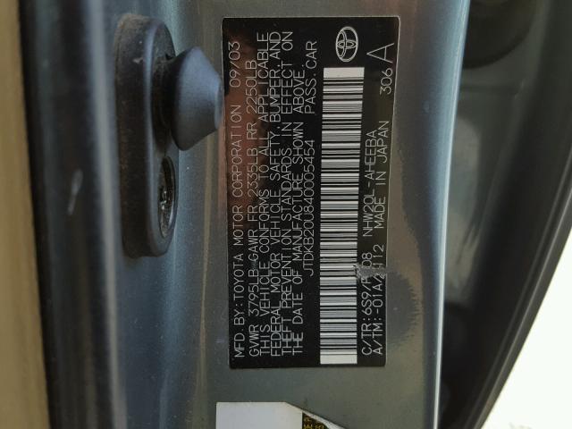 JTDKB20U840005454 - 2004 TOYOTA PRIUS GRAY photo 10